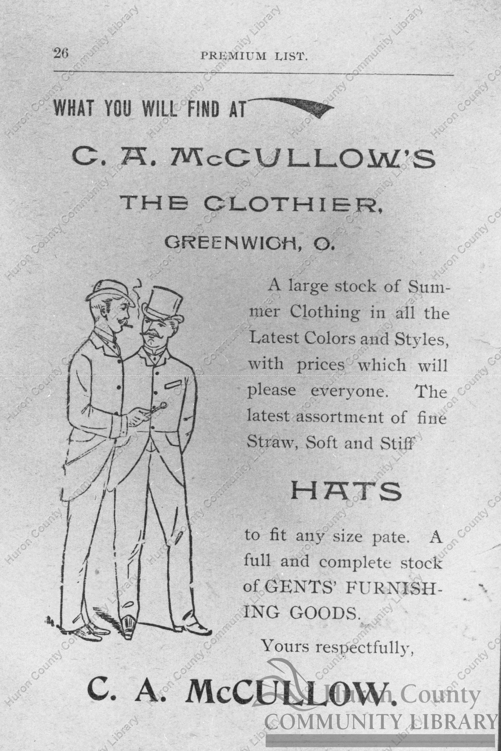 Greenwich 1st "Free St. Fair" remainder of advertisements (card)