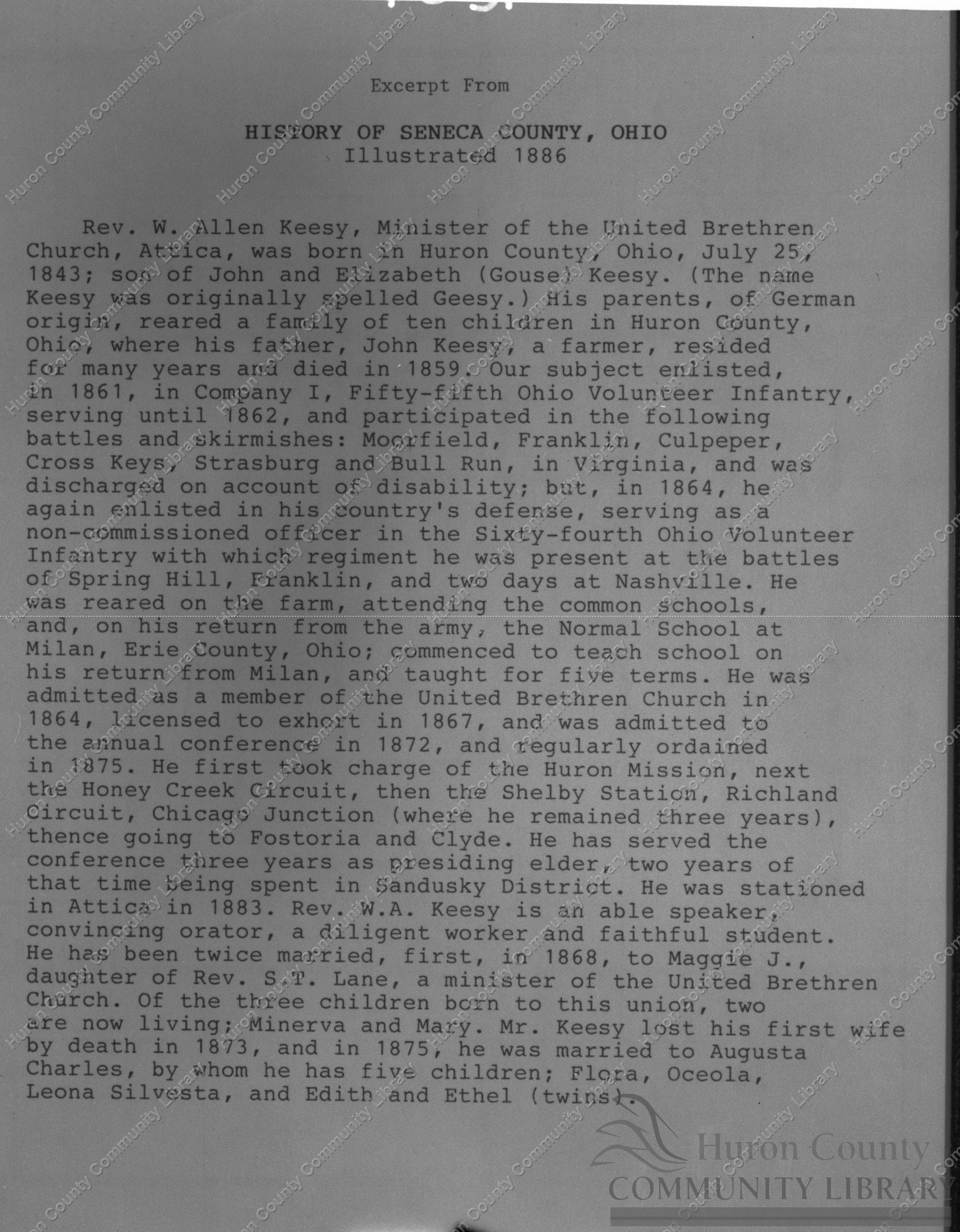 Excerpt from Seneca Co. History on Life of W. A. Keesy 1886