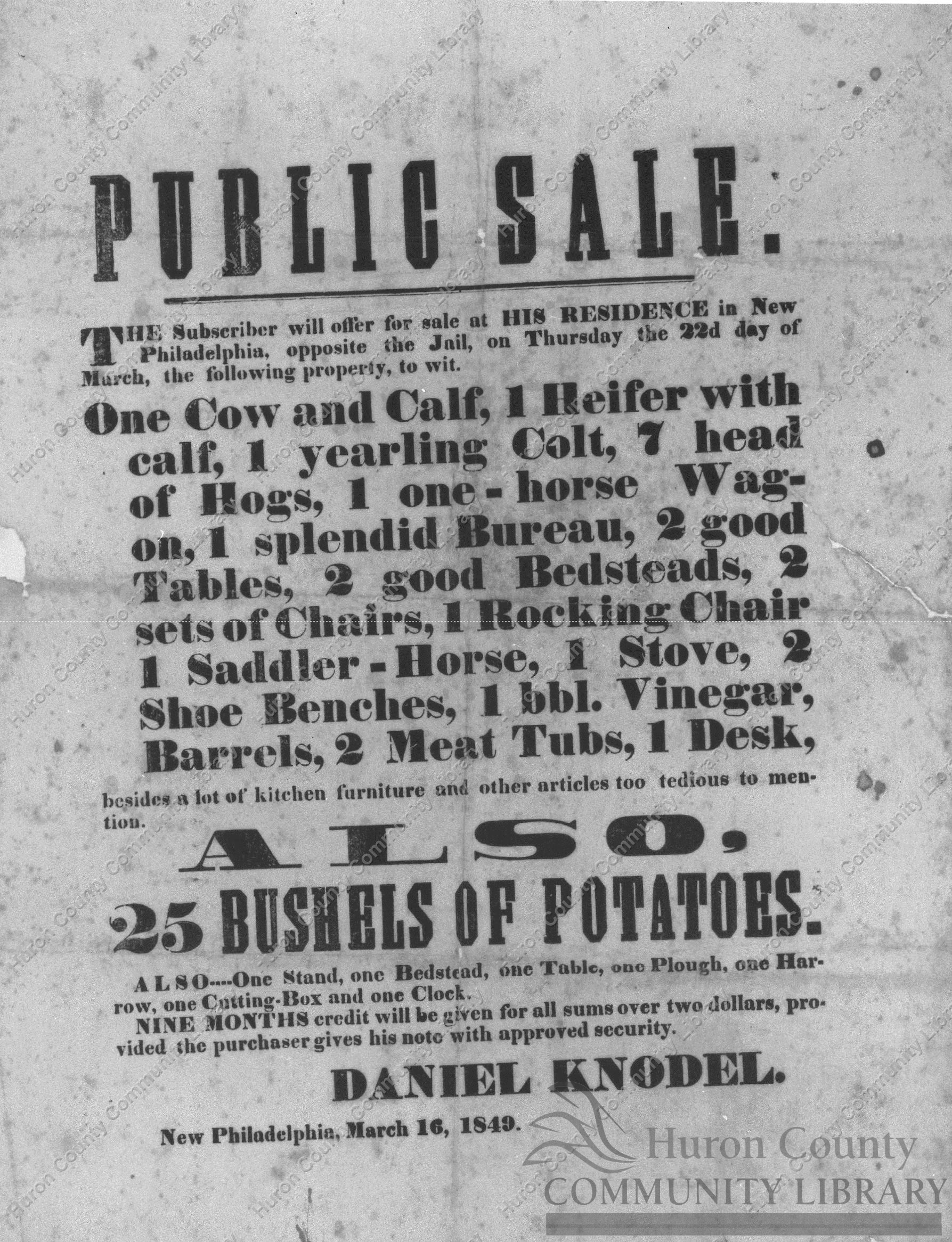 Sale Bill for 1849 Farm Sale by Daniel Knodel-moved to New Washington