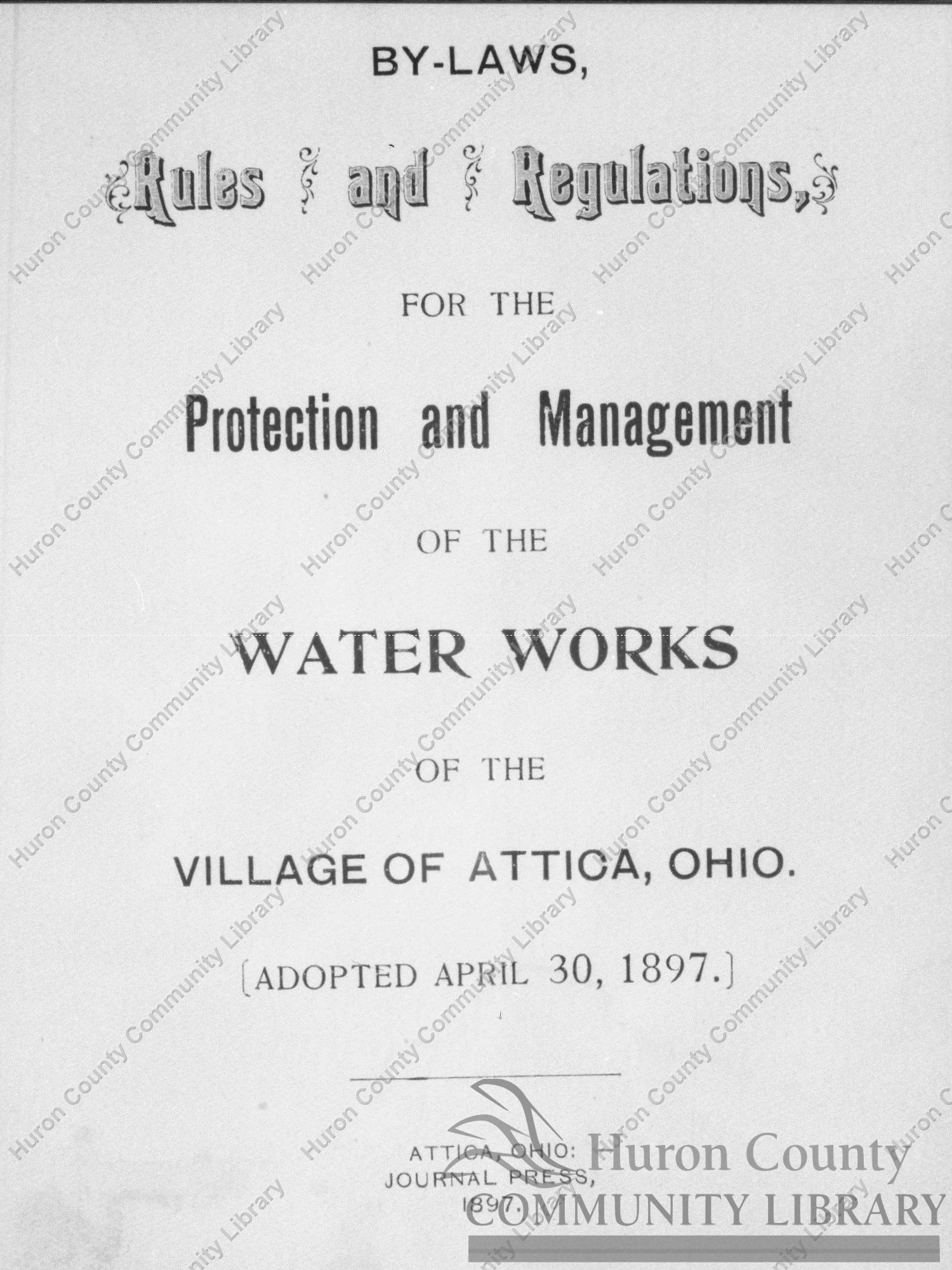 Attica, OH Water Dept. Rules & Regulations. Found in tower in 1990