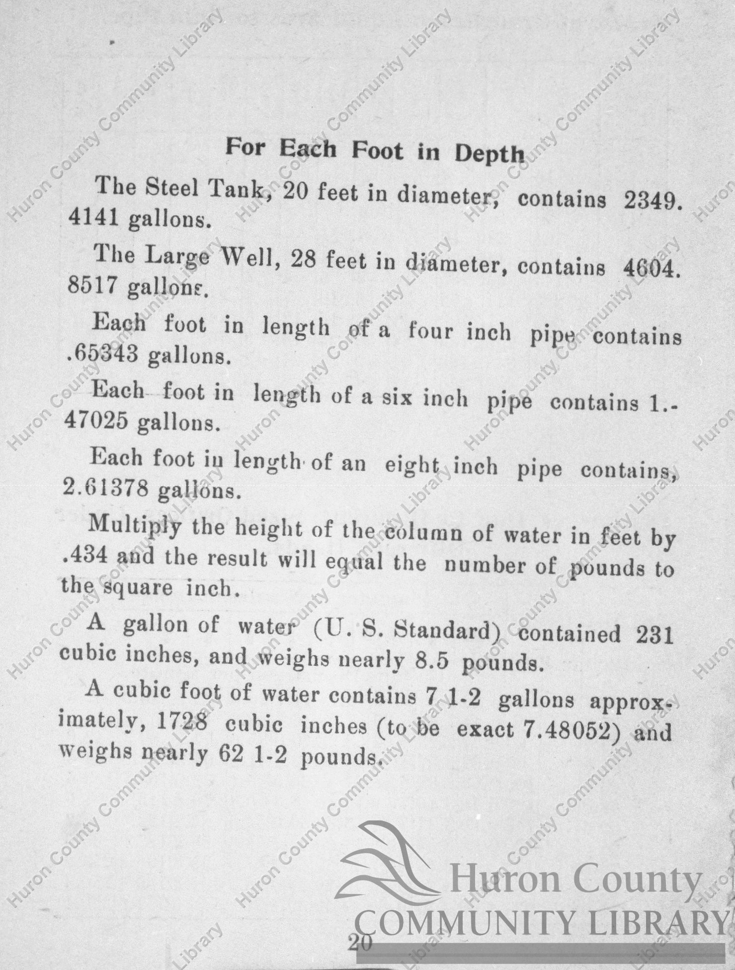 Page 20, Scales showing amount of water in Water Tower by depth