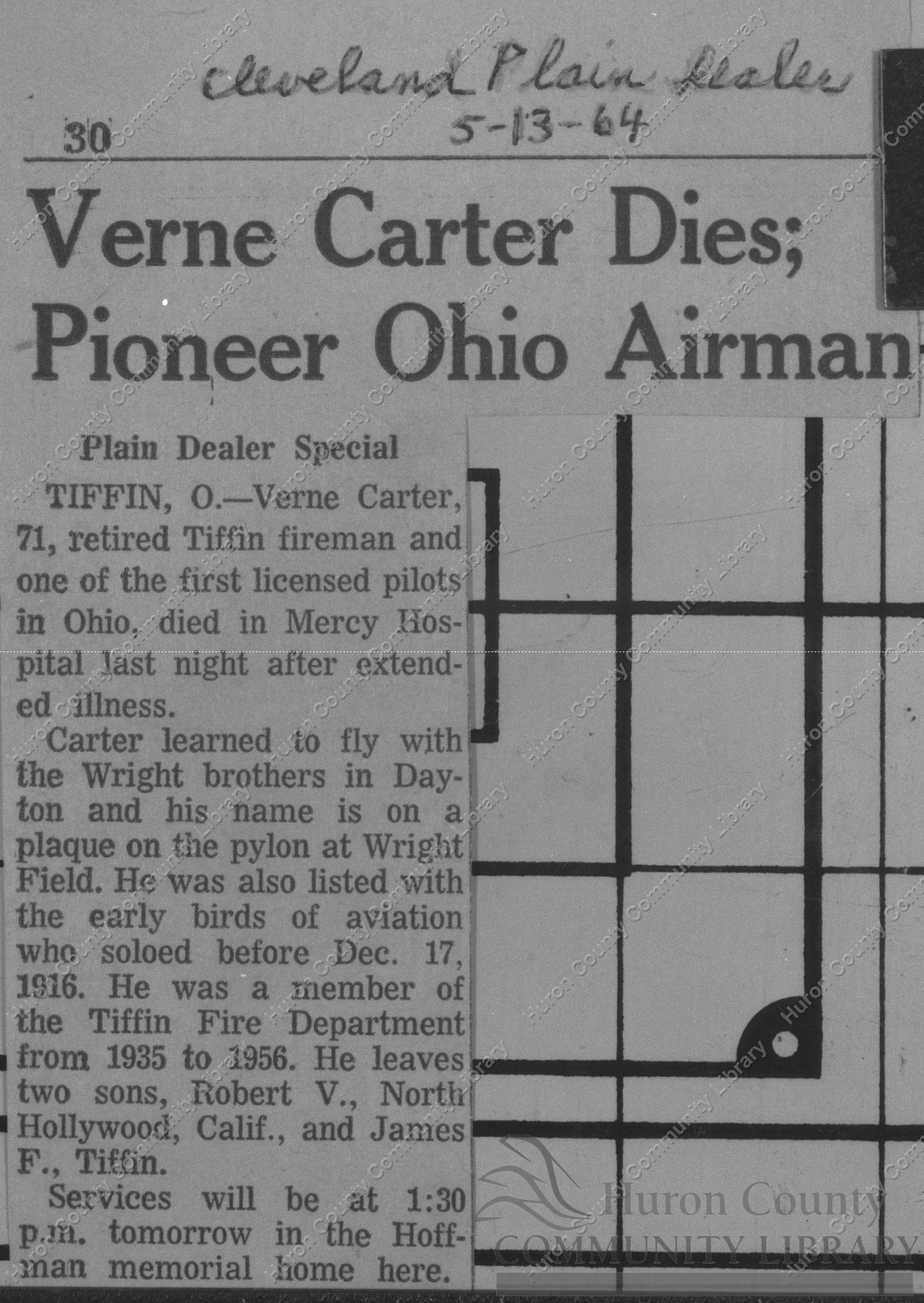 Obituary for Verne Carter, Aviation Pioneer, Clev. Plain Deal. 5/13/64