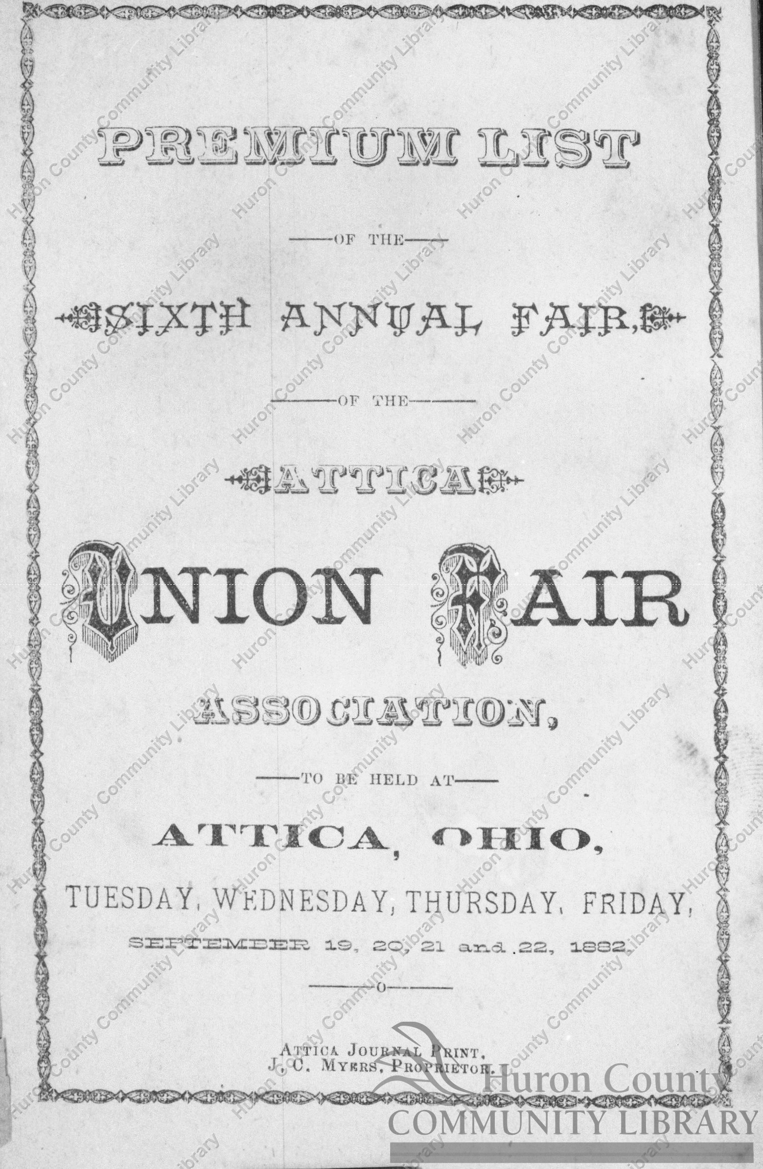 Attica 6th Annual Fair (Union Fair Association) Sep. 19-22, 1882 Advts.