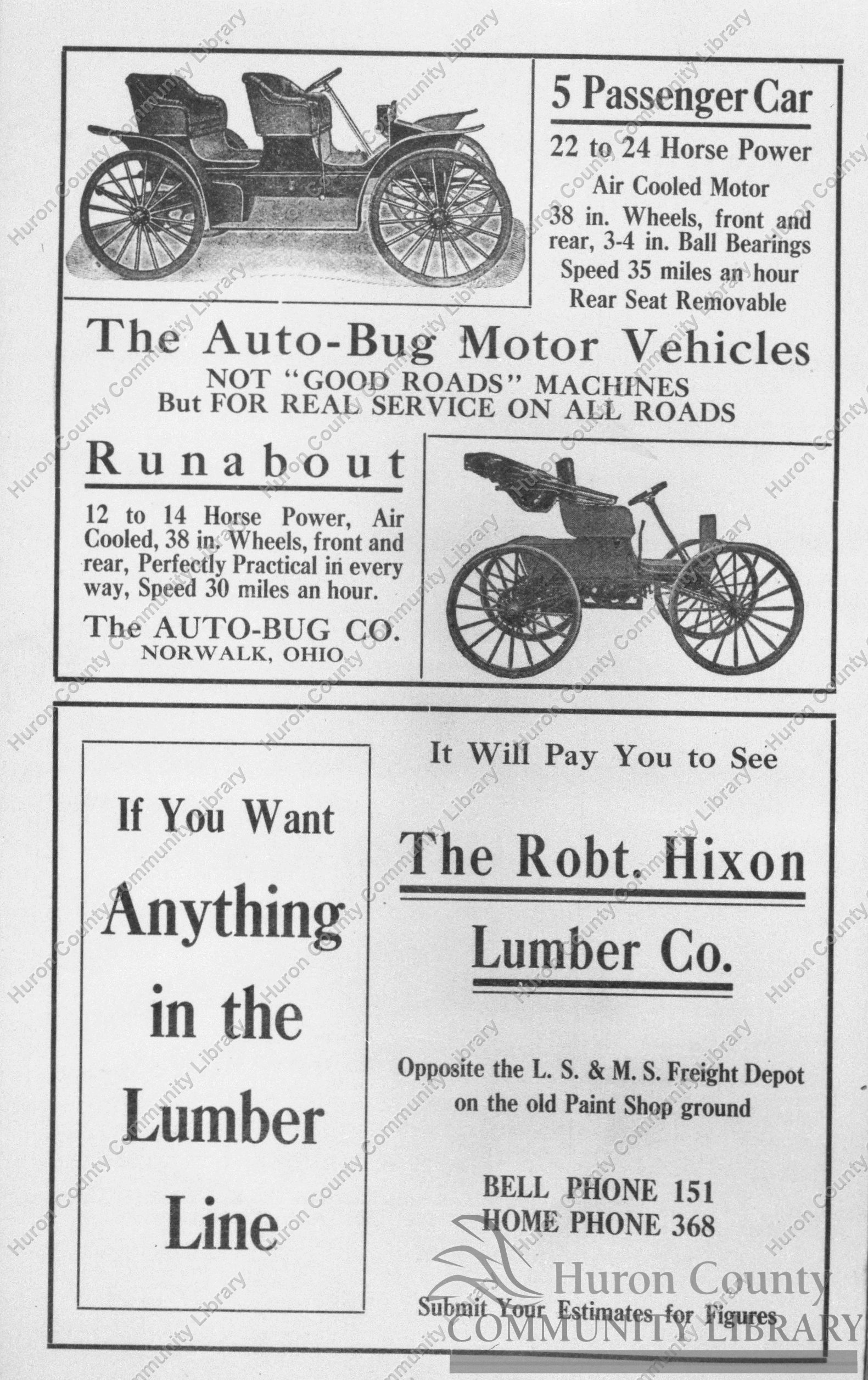 1909 Norwalk phone book Ads. 1908 Autos & Robt. Hixon Lumber Co. Ads.