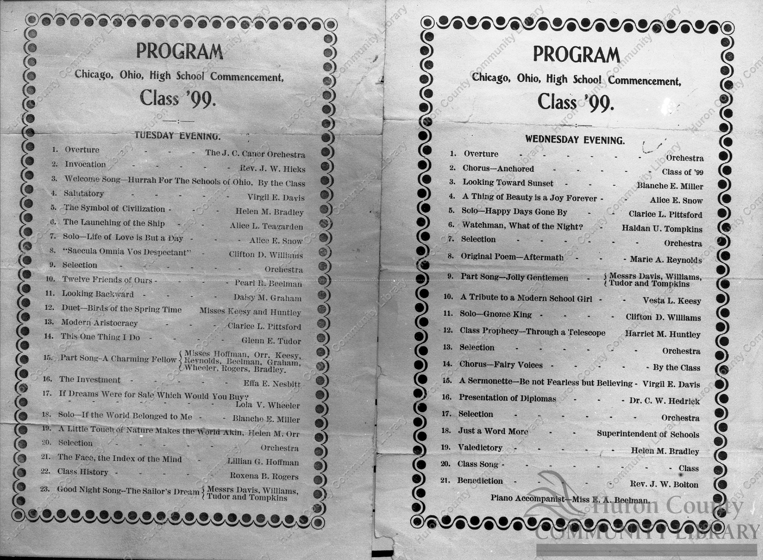 High School Commencement Program 1899 Chicago, OH