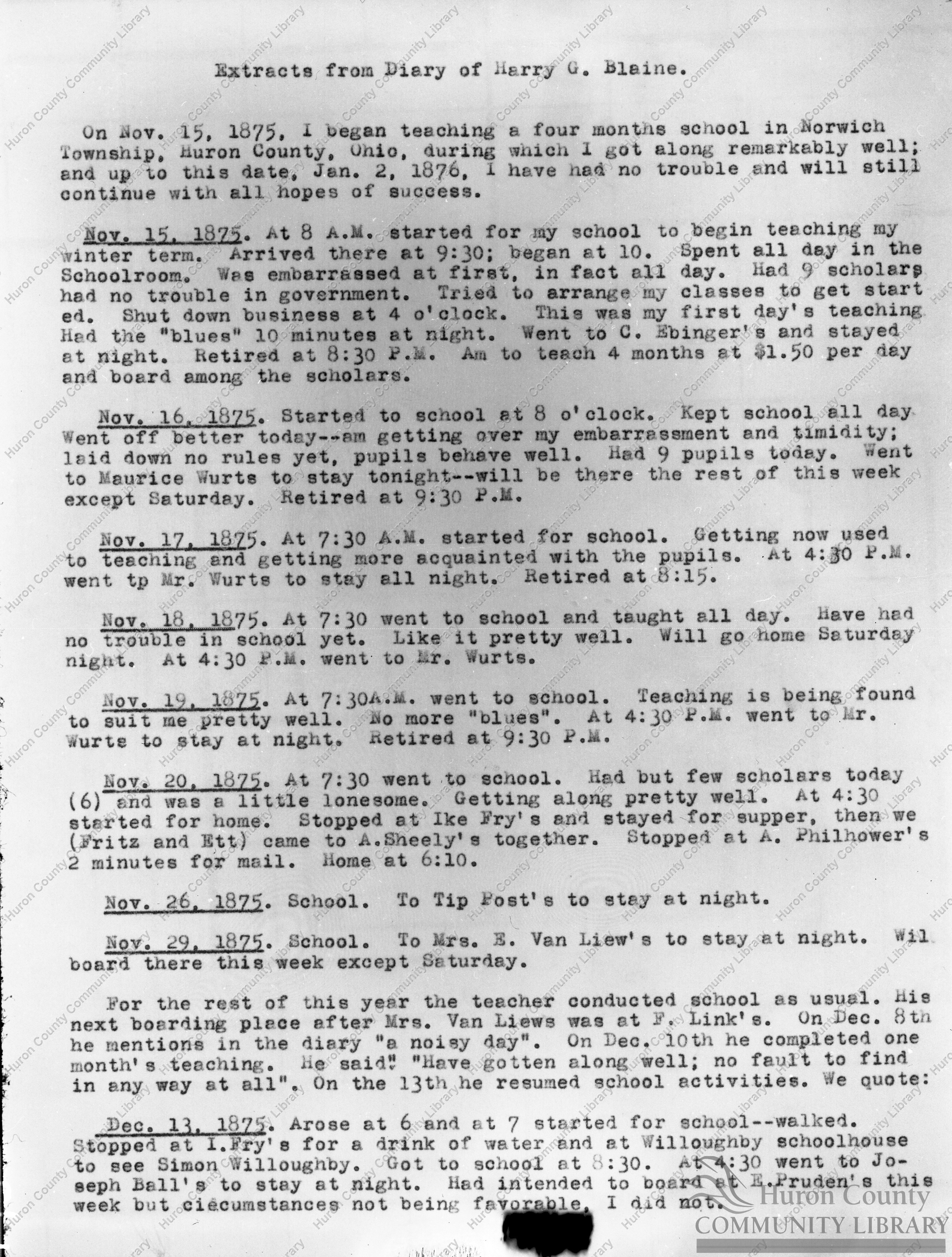Dr. Blaine's Diary (page 1) 1875