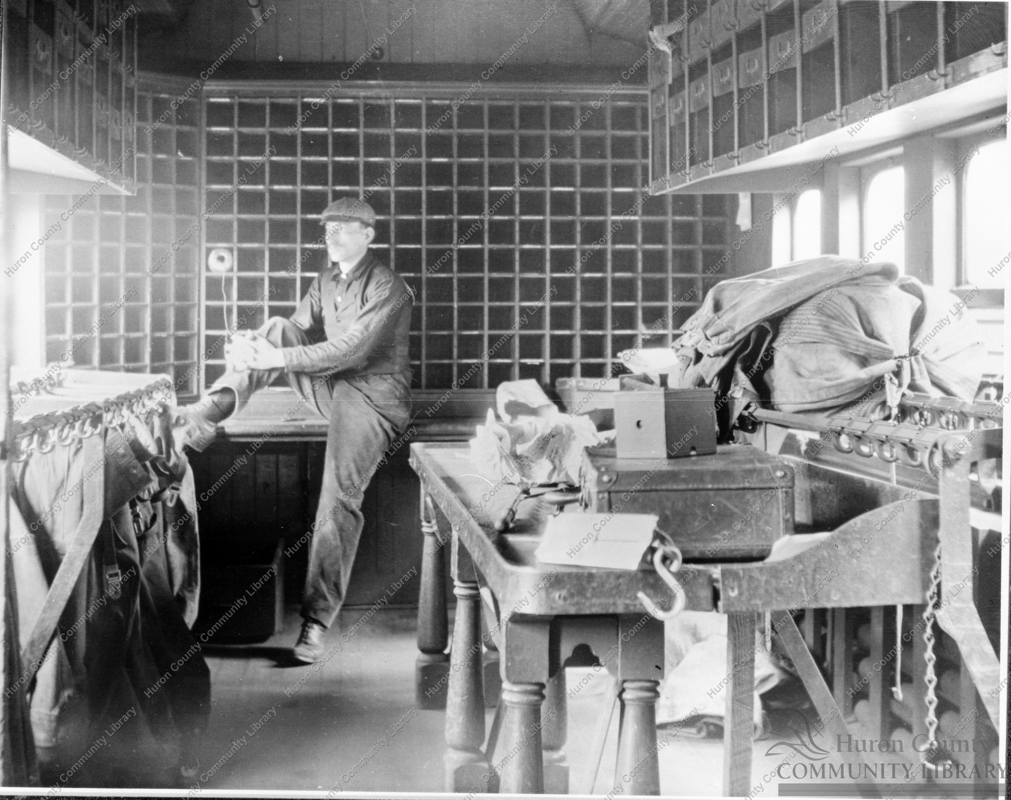 Inside a Freight car on B & O showing sort bins