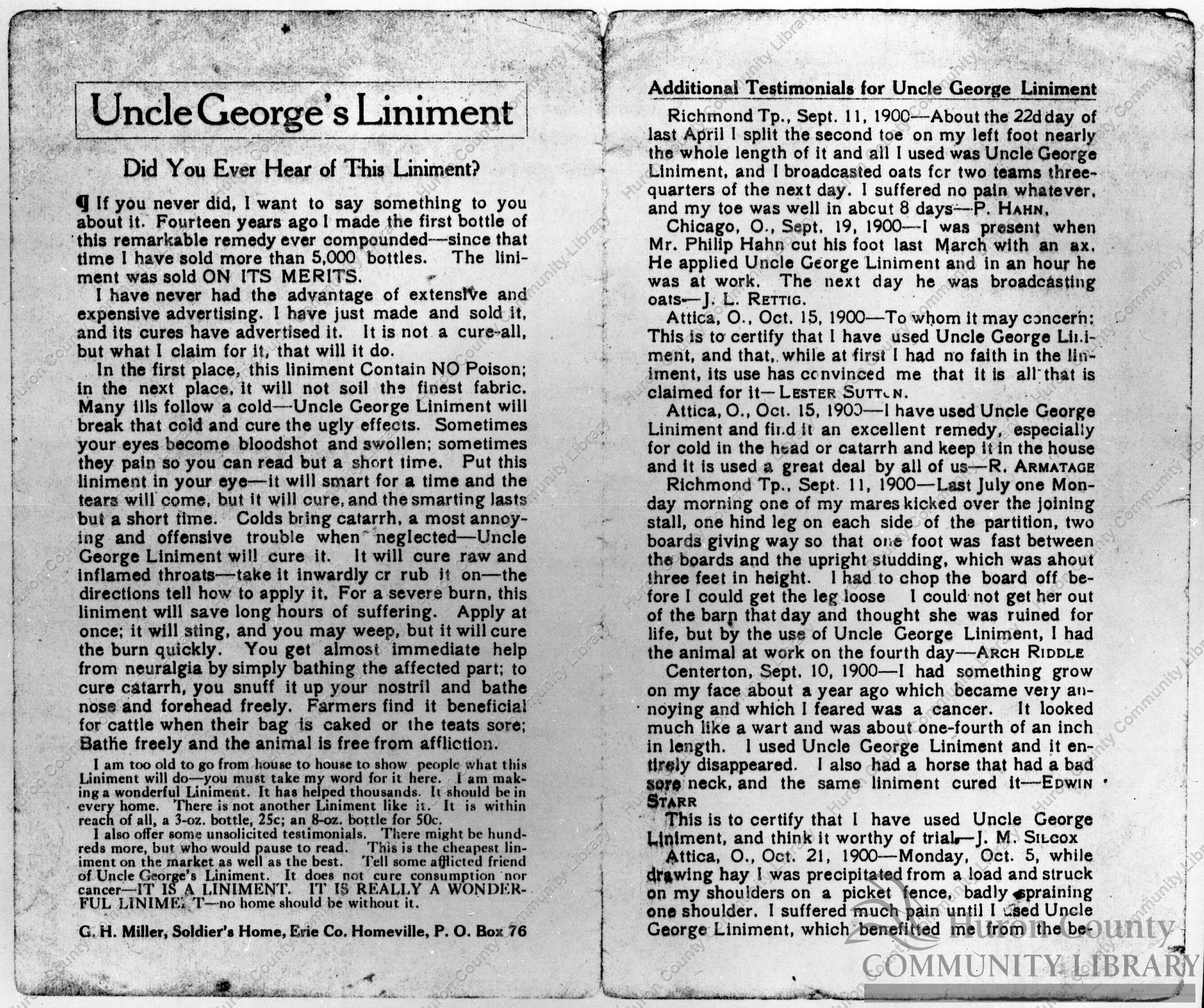 Uncle George's Liniment Advertising and Testimonials