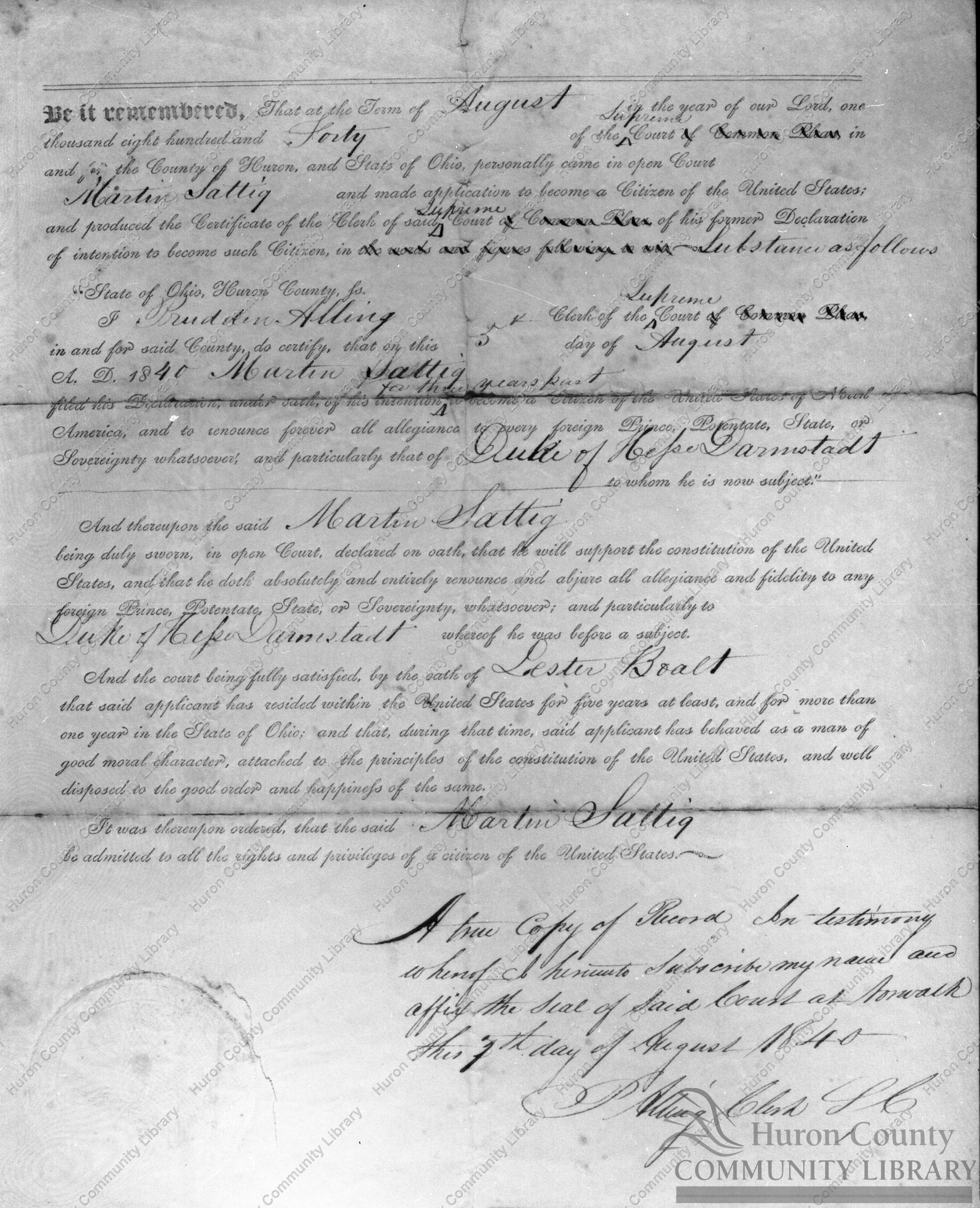 Picture of Martin Sattig's citizenship papers - Aug. 1840