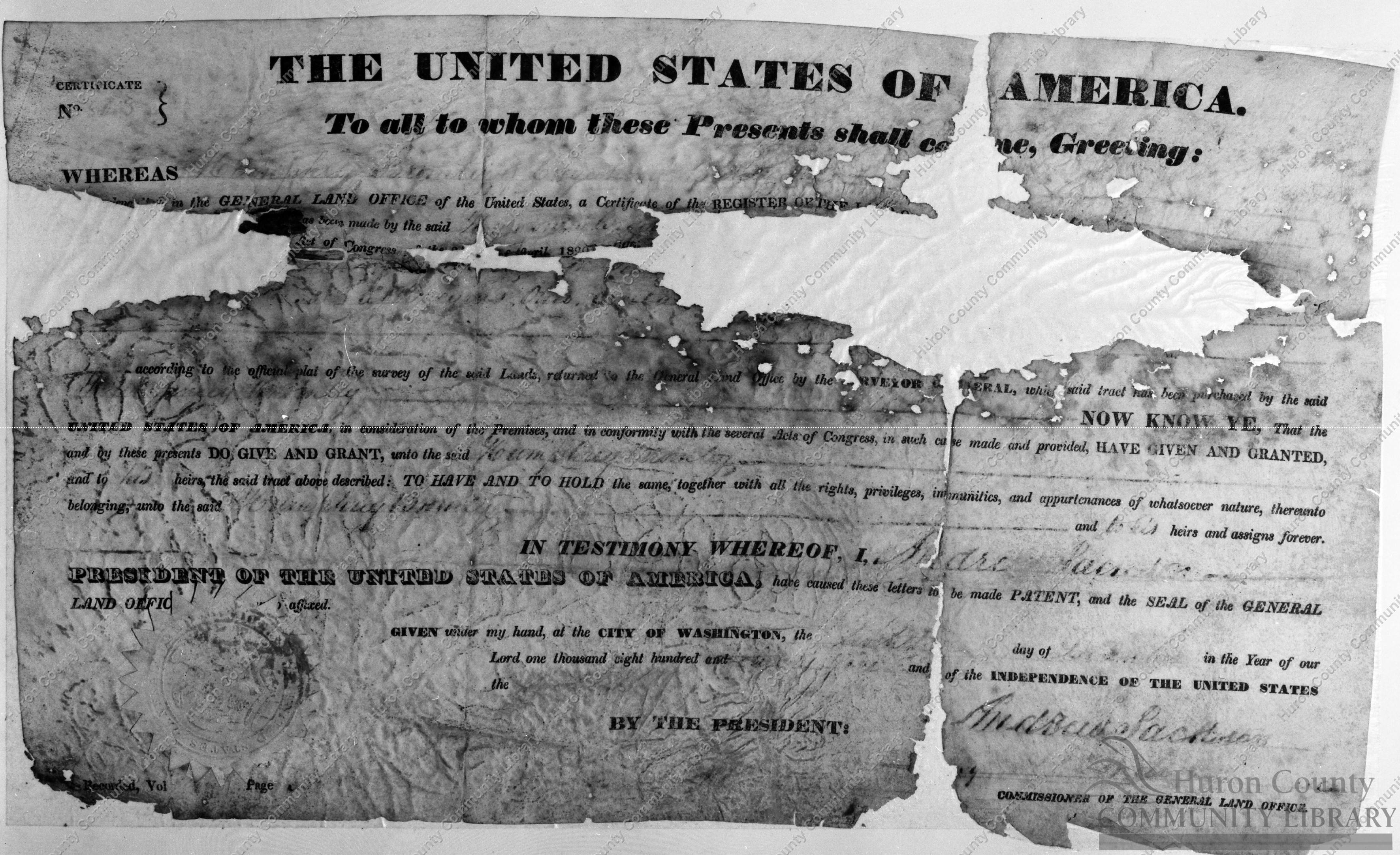1832 Land Grant by President Andrew Jackson