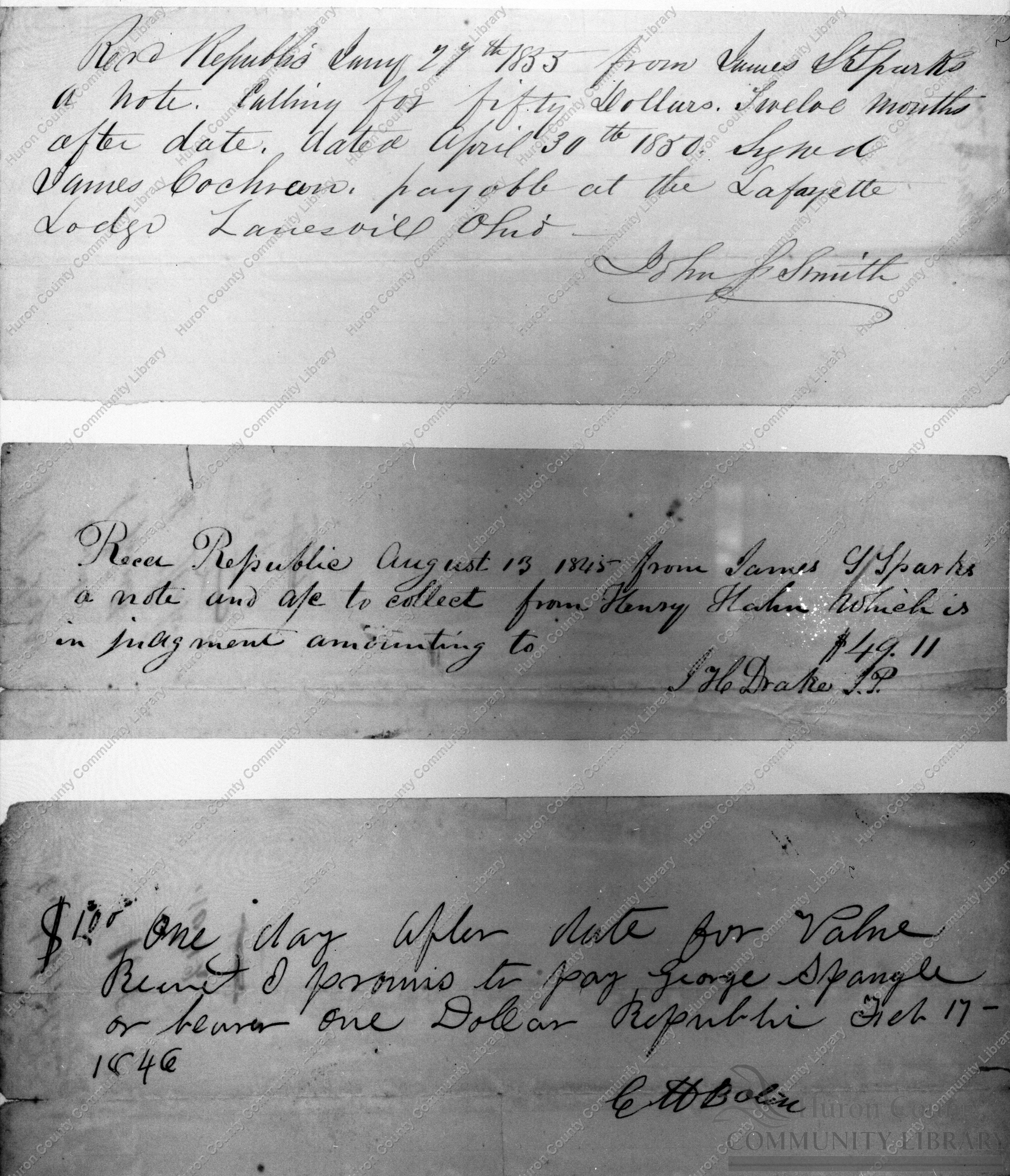 Bromley papers concerning Dr. J. S. Sparks of Republic 1830's