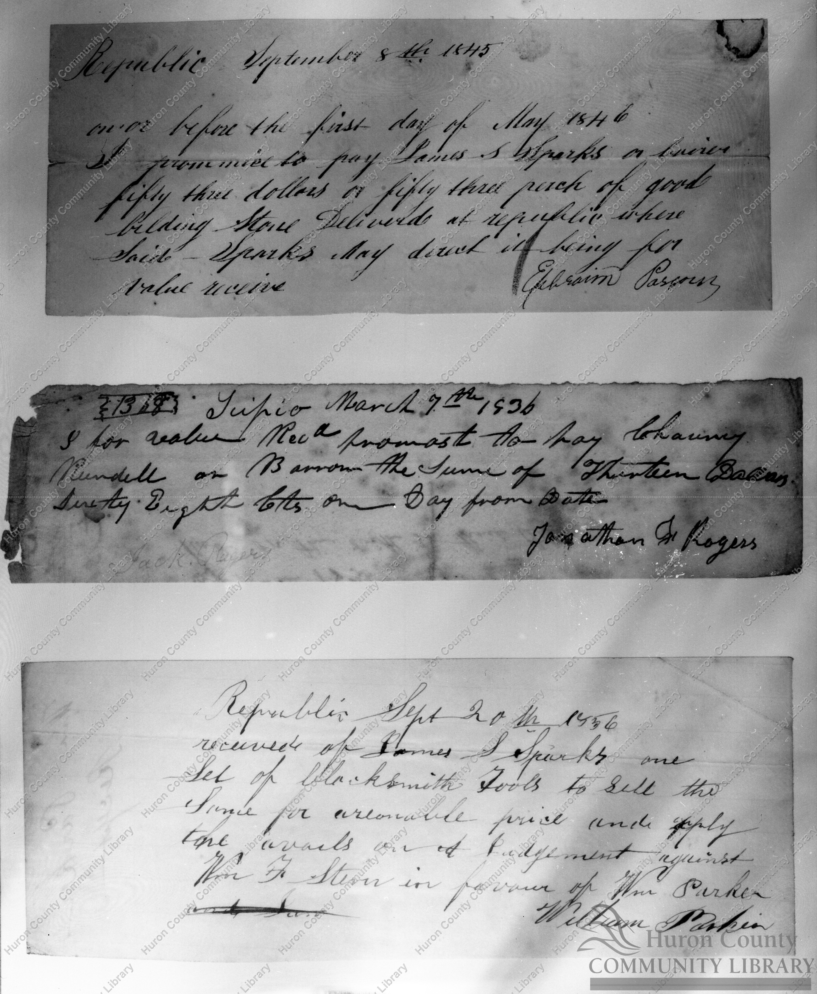Bromley papers concerning Dr. J. S. Sparks of Republic 1830's