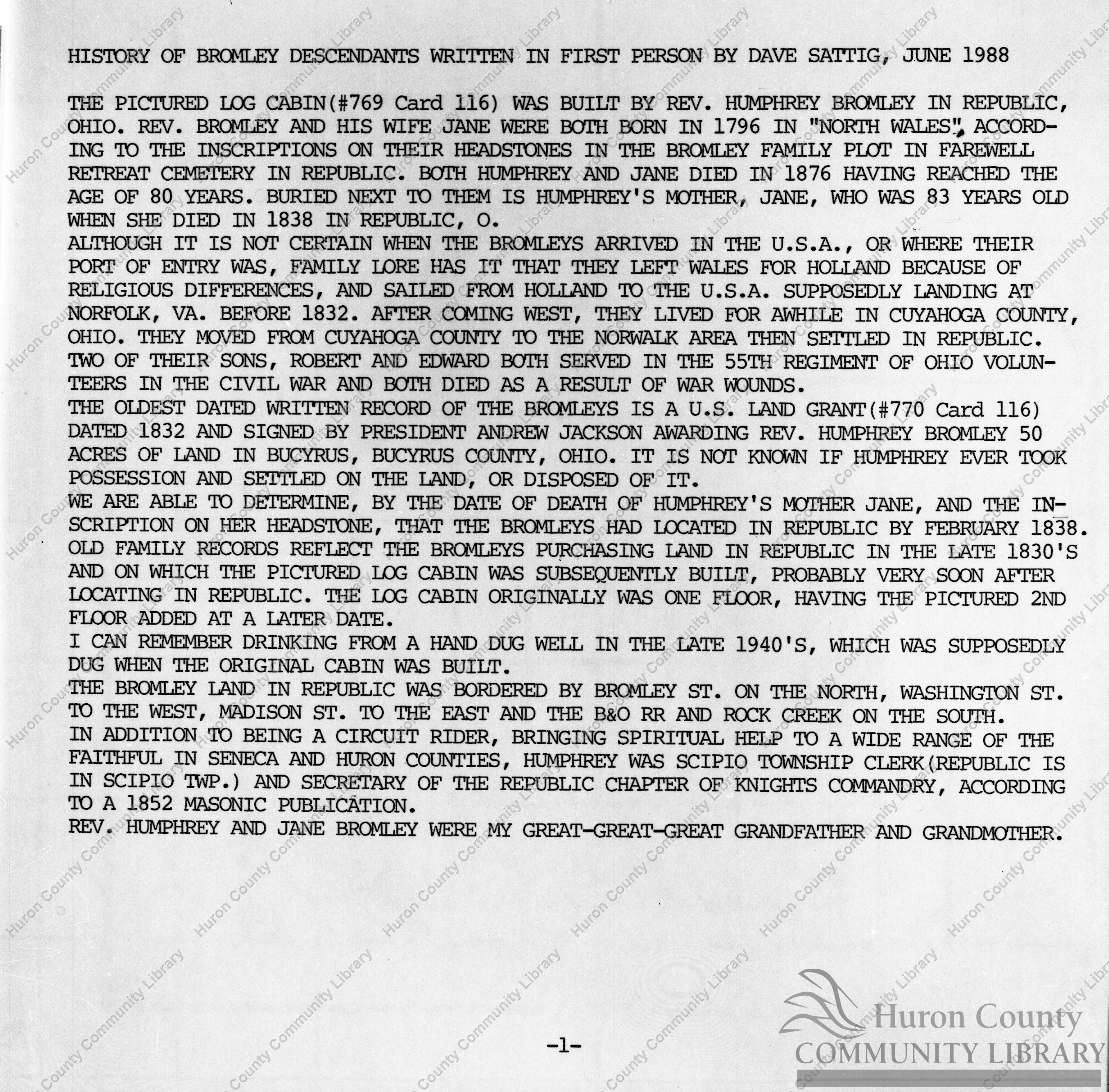 Geanology of Bromley Family down thru Sattig Family to date