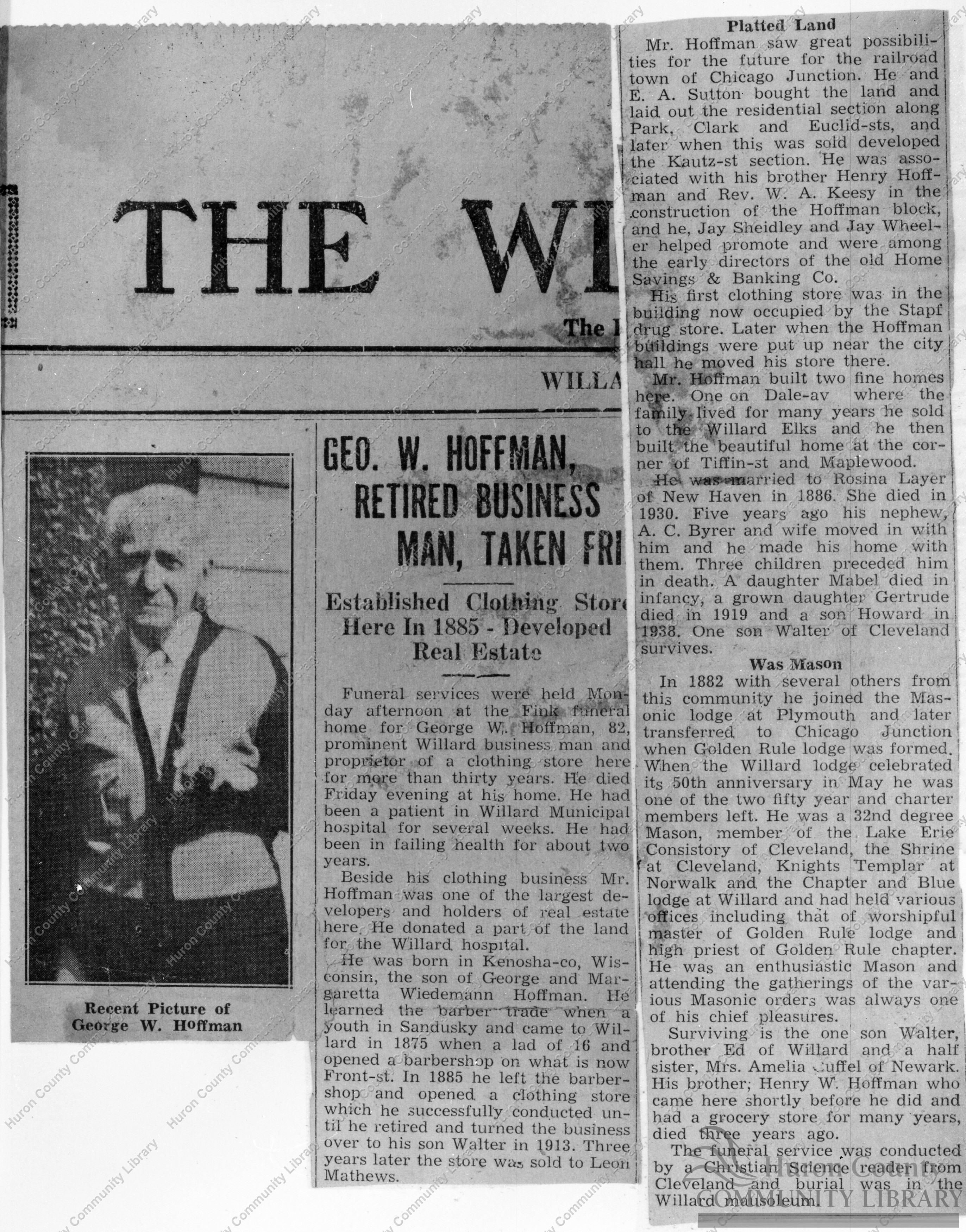 Picture & Obituary of George W. Hoffman taken from Local Paper