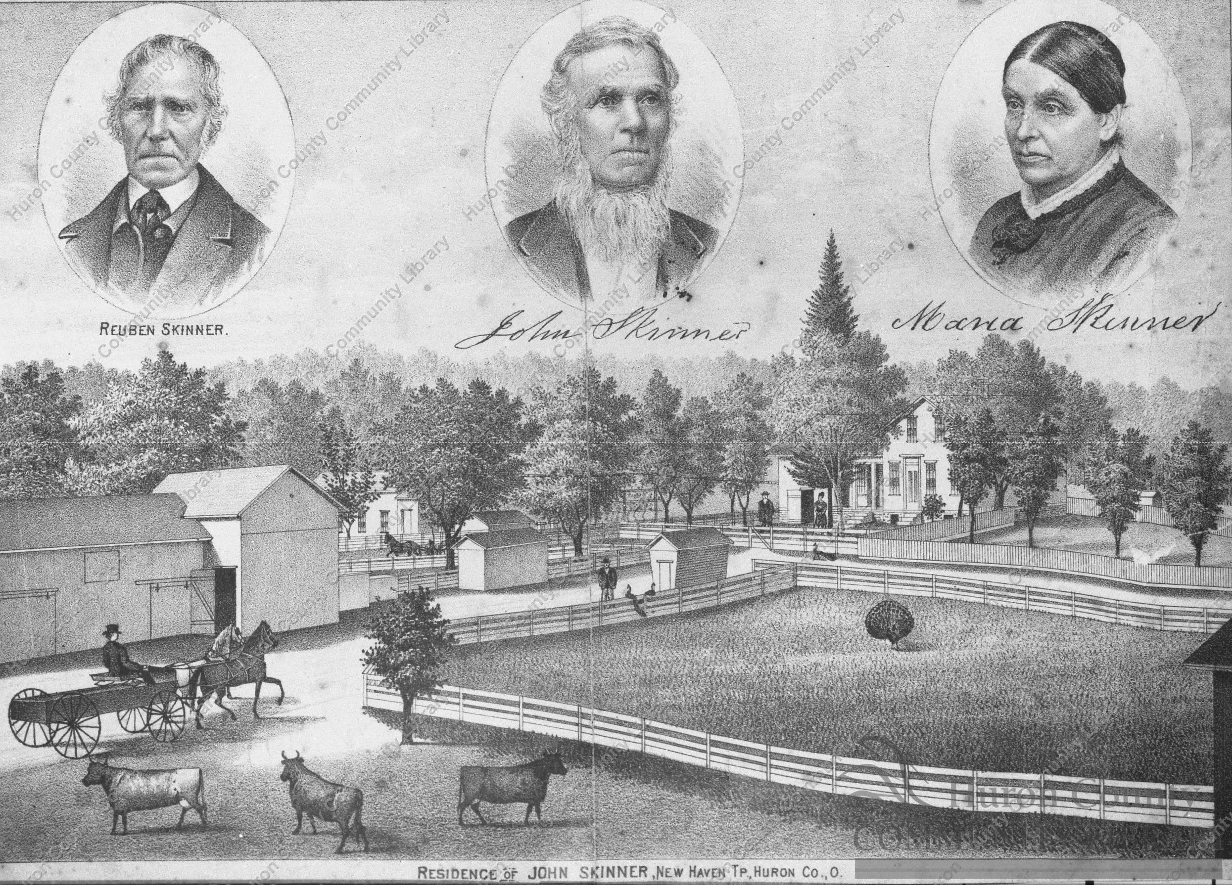 A woodcut of John Skinner Home at New Haven, OH