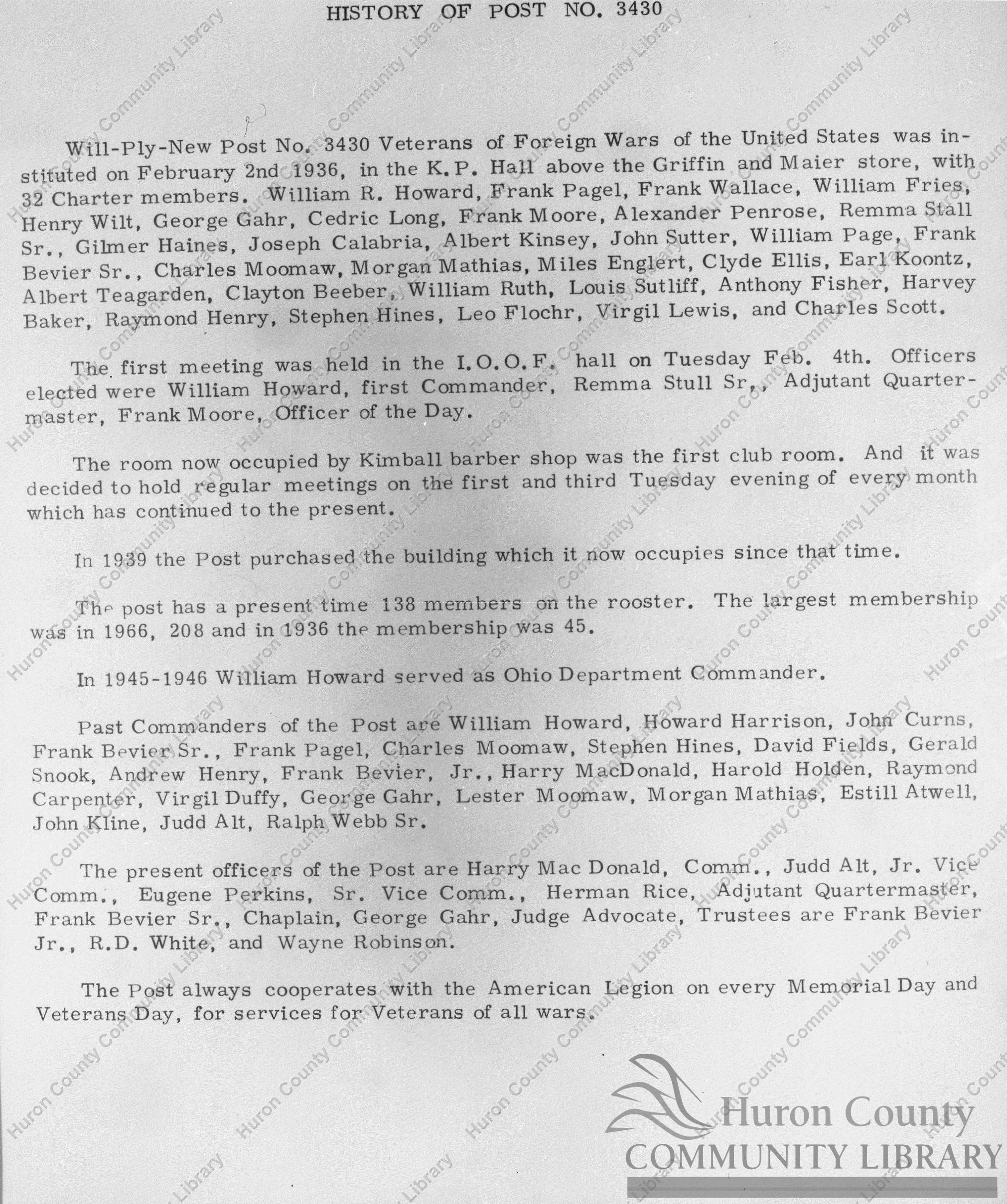 History of Post 3430 of V.F.W. in Willard